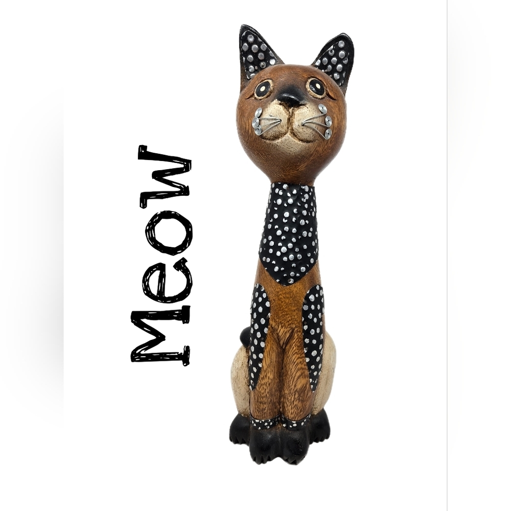 Cat Wooden & Metal 12 Inch Hand Carved Figurine With Metal Designs Cat Live Meow